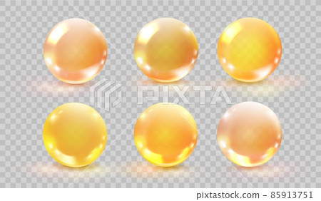 Collagen oil balls. 3d golden bubble cosmetic capsul glass sphere liquid serum, essence drop hair, droplet organic transparent pills olive fish gel, pearl ball 85913751