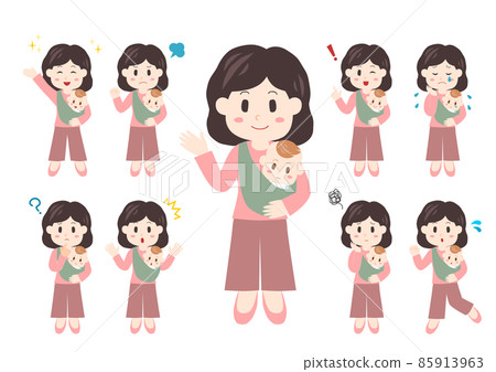 People Illustration Full Body Set: Young Female and Baby People Illustration Full Body Set: Young Female and Baby 85913963