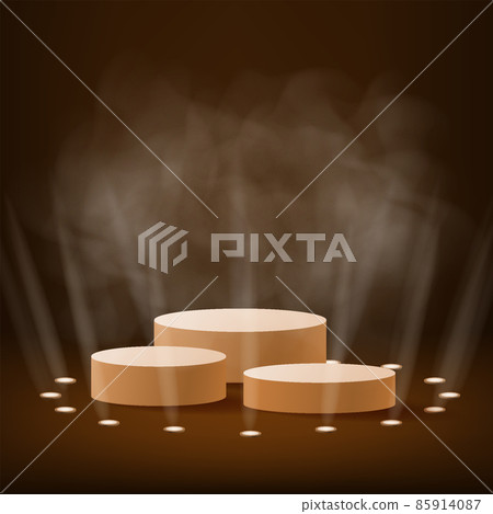 Podium stage with rays of spotlights for Award ceremony Winner with smoke. Gold platform concept. Vector illustration Podium stage with rays of spotlights for Award ceremony Winner with smoke. Gold platform concept. Vector illustration 85914087