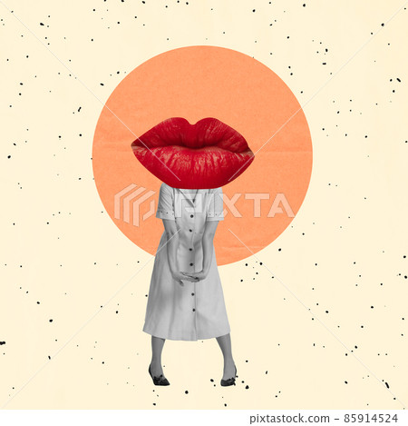 Contemporary art collage. Inspiration, idea, trendy urban magazine style. Young girl in vintage style dress headed with red female lips on light background Contemporary art collage. Inspiration, idea, trendy urban magazine style. Young girl in vintage style dress headed with red female lips on light background 85914524