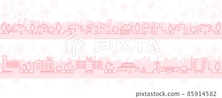 Illustration (line drawing) of the spring cityscape where cherry blossoms bloom Illustration (line drawing) of the spring cityscape where cherry blossoms bloom 85914582