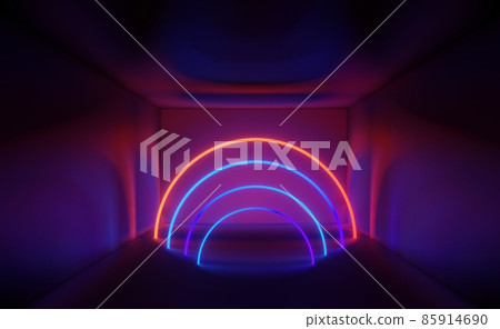 3d render of RGB neon light on darkness background. Abstract Laser lines show at night. Ultraviolet spectrum beam scene 85914690