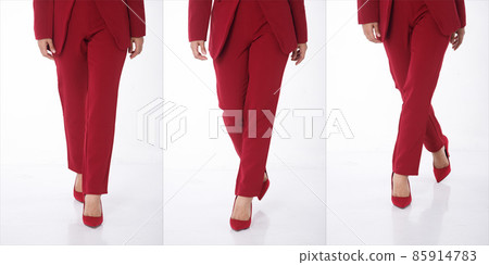 Body part foots shoes of 20s Asian Business Woman wear Red suit blazzer shoes. Tanned skin 85914783