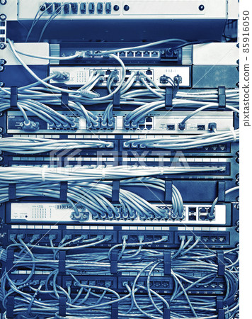 Patch Panel server rack with cords in different colors Patch Panel server rack with cords in different colors 85916050