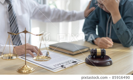Prosecutor or lawyer comforts a client who is worried about a fraudulent business, Legal and Justice Litigation Assistance, legal consultant, scales of justice, law hammer, Litigation and justice. Prosecutor or lawyer comforts a client who is worried about a fraudulent business, Legal and Justice Litigation Assistance, legal consultant, scales of justice, law hammer, Litigation and justice. 85916490