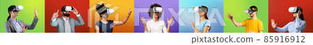 Serious smiling surprised millennial diverse people in casual, formal clothes and virtual reality glasses touch air 85916912