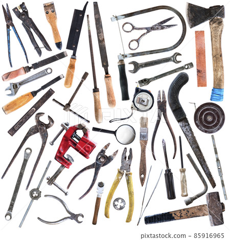 Set of old carpentry and locksmith tools isolated on white background 85916965