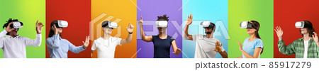 Cyberspace concept. Diverse young people in virtual reality glasses experiencing innovative technology, collage Cyberspace concept. Diverse young people in virtual reality glasses experiencing innovative technology, collage 85917279