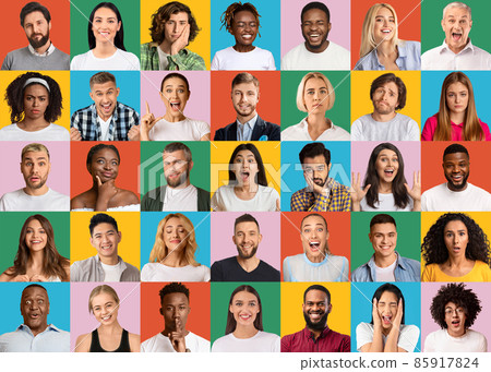 Collection of multiracial people portraits over bright colorful backgrounds, collage. Diverse society mosaic 85917824