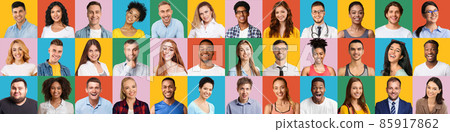 Set of diverse happy multiethnic male and female portraits over colorful backgrounds Set of diverse happy multiethnic male and female portraits over colorful backgrounds 85917862