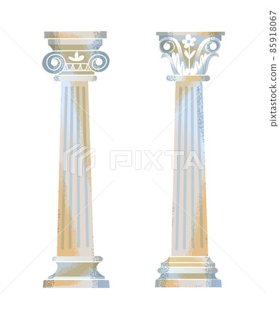 Two Ancient Roman or Greek column set. Decorative architecture elements for temple, cathedral, museum or building vector illustration. Antique sculpture on white background 85918067