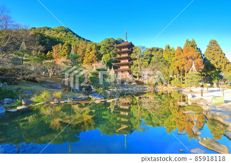 [Yamaguchi Prefecture] Ruriko-ji Five-storied Pagoda and Tower Shadow Pond under clear skies 85918118