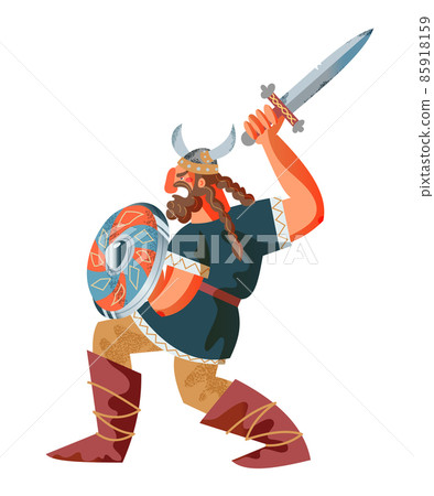 Viking man with sword and shield fighting. Medieval Norway people and mythology vector illustration. Angry scary man with beard and helmet holding weapon isolated on white background 85918159