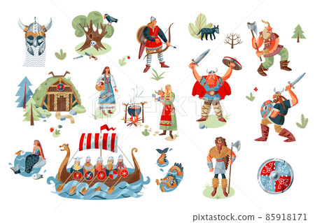 Viking characters and objects set. Medieval Norway people and mythology vector illustration. Ship with warriors, women, men with nordic swords, house, fantasy elements on white background Viking characters and objects set. Medieval Norway people and mythology vector illustration. Ship with warriors, women, men with nordic swords, house, fantasy elements on white background 85918171