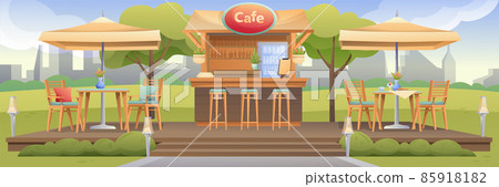 Summer cafe with terrace outdoor background scene. Restaurant outside with tables under umbrellas, chairs, bar counter with fridge and menu vector illustration. Horizontal panorama 85918182