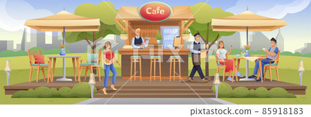 People in summer cafe with terrace outdoor scene. Restaurant outside with tables under umbrellas, bar counter vector illustration. Couple sitting, waiter going, man at counter 85918183