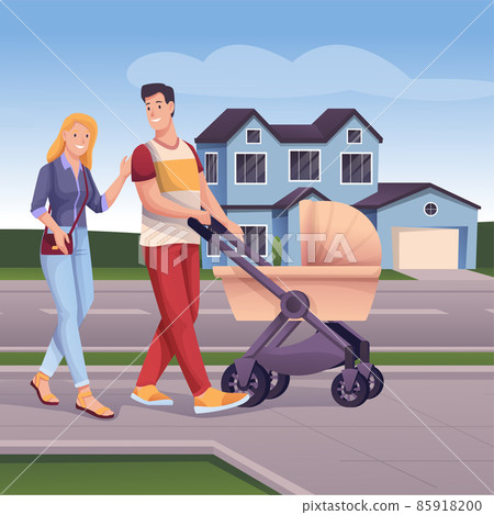 Couple with stroller walking in suburban cityscape scene. Modern town background. Young happy man and woman with baby vector illustration. Horizontal outdoor recreation scene Couple with stroller walking in suburban cityscape scene. Modern town background. Young happy man and woman with baby vector illustration. Horizontal outdoor recreation scene 85918200