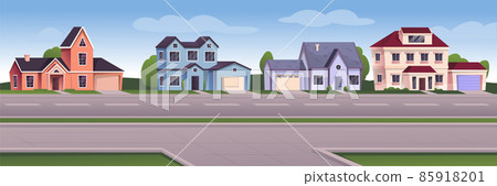 Suburban cityscape background. Modern cartoon town view design vector illustration. Cozy windows and doors in buildings, driveway, sidewalk, grass. Horizontal outdoor scene Suburban cityscape background. Modern cartoon town view design vector illustration. Cozy windows and doors in buildings, driveway, sidewalk, grass. Horizontal outdoor scene 85918201
