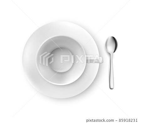 White plate, cup, spoon, table cutlery set, flat lay. Empty dish for breakfast or tea vector illustration. Clean dining utensils isolated on white background, view from above 85918231