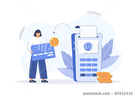 Flat woman paying by pos terminal and refund cashback Flat woman paying by pos terminal and refund cashback 85918310