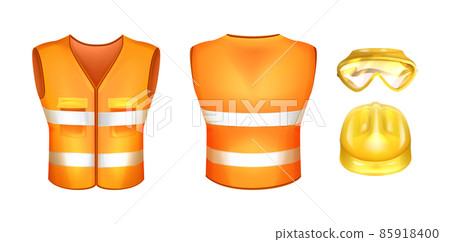 Realistic safety vest with construction helmet and protective glasses Realistic safety vest with construction helmet and protective glasses 85918400