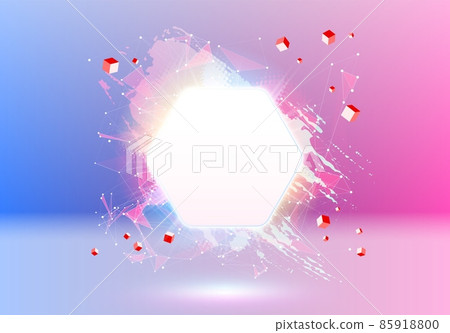 Abstract pink and blue vaporwave styled background with shiny neon frame, brush stroke, halftone blot and triangular dotted grid. 85918800