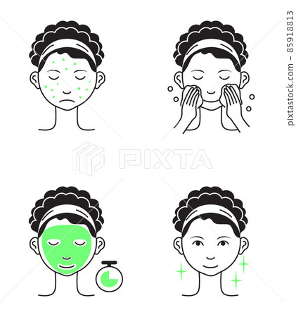 Facial mask sheet applying steps vector. Girl shows steps descriptions how to cleaning, whiting face and use cosmetic mask. Info-graphic of cosmetic procedure 85918813