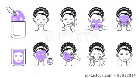 Facial mask sheet applying steps vector. Girl shows steps descriptions how to cleaning, whiting face and use cosmetic mask. Info-graphic of cosmetic procedure 85918814
