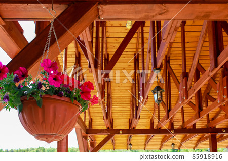 Potted flowers on the background of the wooden roof of the house Potted flowers on the background of the wooden roof of the house 85918916