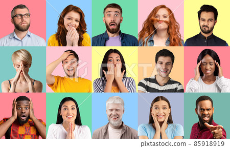 Collage of diverse men and women expressing different emotions 85918919