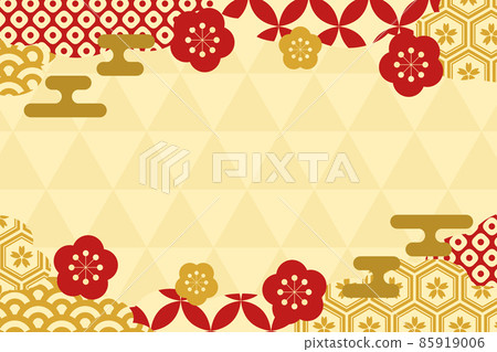 Japanese pattern cloud and scale pattern background horizontal position yellow plum blossom Japanese pattern cloud and scale pattern background horizontal position yellow plum blossom 85919006