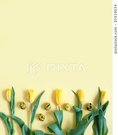 Easter quail eggs and tulips on a yellow background. Easter border or frame. Vertical orientation. Easter quail eggs and tulips on a yellow background. Easter border or frame. Vertical orientation. 85919034