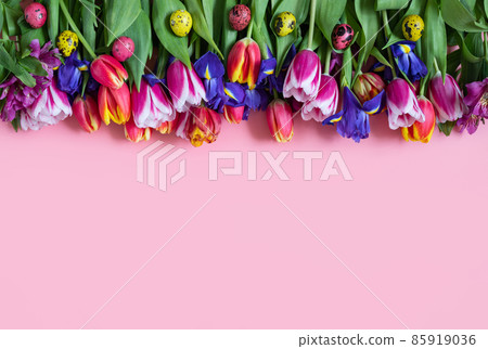 Easter frame with spring flowers and colorful quail eggs on a pink background. Space for text. Top view, flat lay. Easter frame with spring flowers and colorful quail eggs on a pink background. Space for text. Top view, flat lay. 85919036