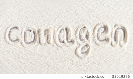 Collagen powder and pills background closeup. Collagen inscription. Natural supplement for health and beauty. View from above. Collagen powder and pills background closeup. Collagen inscription. Natural supplement for health and beauty. View from above. 85919226