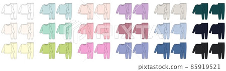 Set of apparel pajamas technical sketch. Colored childrens cotton sweatshirt and pants. Kids outline nighwear design template collection. Set of apparel pajamas technical sketch. Colored childrens cotton sweatshirt and pants. Kids outline nighwear design template collection. 85919521