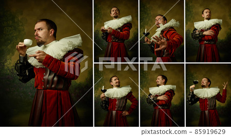 Set of photos of young man as medieval count, prince isolated on dark vintage background. Human emotions, comparison of eras concept. 85919629
