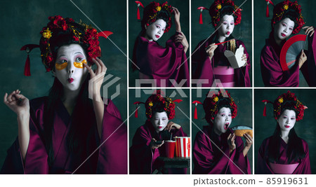 Set of images of young japanese woman as geisha isolated on dark green background. Retro style, comparison of eras concept. Set of images of young japanese woman as geisha isolated on dark green background. Retro style, comparison of eras concept. 85919631