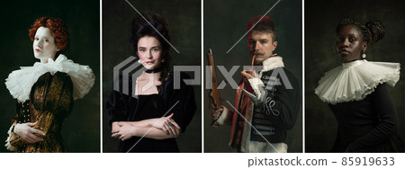 Set of young people in image of historical, medieval persons in vintage clothing on dark background. Concept of comparison of eras, modernity. Set of young people in image of historical, medieval persons in vintage clothing on dark background. Concept of comparison of eras, modernity. 85919633