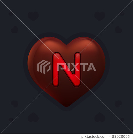 Realistic dark chocolate heart with marmalade letter N inside. Valentines day decoration element for design banner, card or any advertising Realistic dark chocolate heart with marmalade letter N inside. Valentines day decoration element for design banner, card or any advertising 85920065