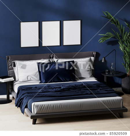 poster frame mock up in modern bedroom interior in dark blue colors with black bed and bedding tables, wooden floor and green plant, 3d rendering 85920509