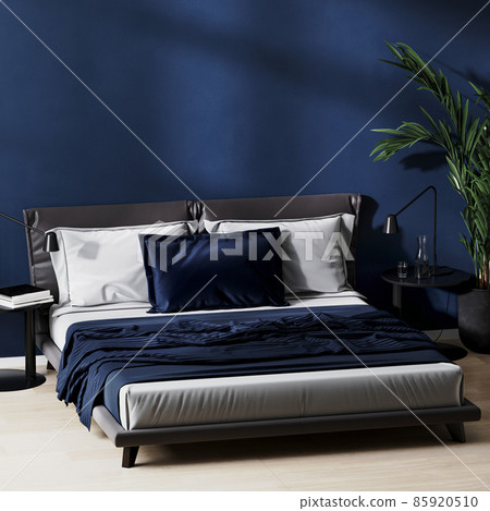 modern bedroom interior in dark blue colors with black bed and bedding tables, wooden floor and green plant, 3d rendering 85920510