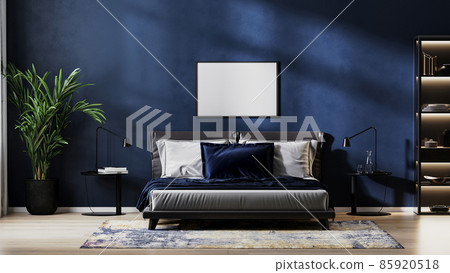horizontal frame mock up in modern bedroom interior background with empty dark blue wall, 3d rendering 85920518