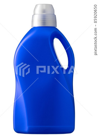 Blue plastic bottle with a handle isolated on a white background. Container for household chemicals 85920650