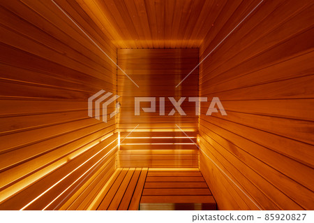 Modern Finnish Sauna interior. Full frame wooden planks background in empty spa room. Healthy lifestyle concept 85920827
