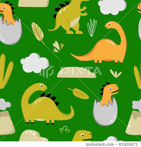 Seamless pattern with funny dinosaurs on a green background. Use for textiles, packaging paper, posters, backgrounds, decoration of children's parties. Vector illustration 85920871