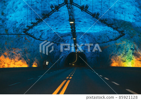 Laerdal Tunnel, Norway. Road On Illuminated Tunnel In Norwegian Mountains. Famous Longest Road Tunnel In World. Popular Place 85921128