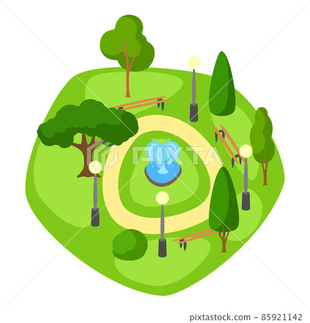 Illustration of beautiful summer or spring city park. Urban public space with fountain and trees for walking. 85921142