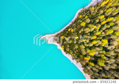 Natural landscape from air. Aerial view on the lake and forest at the autumn time. 85921148