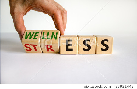 Wellness instead of stress symbol. Hand turns cubes and changes the word 'stress' to 'wellness'. Beautiful white background. Business and psychological wellness or stress concept. Copy space. 85921442