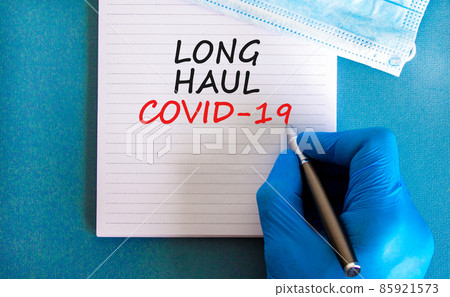 COVID-19 long-haul covid symptoms symbol. White card with words Long haul covid-19. Doctor hand, pen, beautiful blue background copy space. Medical, COVID-19 long-haul covid symptoms concept. COVID-19 long-haul covid symptoms symbol. White card with words Long haul covid-19. Doctor hand, pen, beautiful blue background copy space. Medical, COVID-19 long-haul covid symptoms concept. 85921573